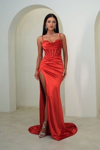 Bright Red Satin Corset Formal Gown with Sheer Bodice, Cowl and Beading Detail at Neckline and High Slit
