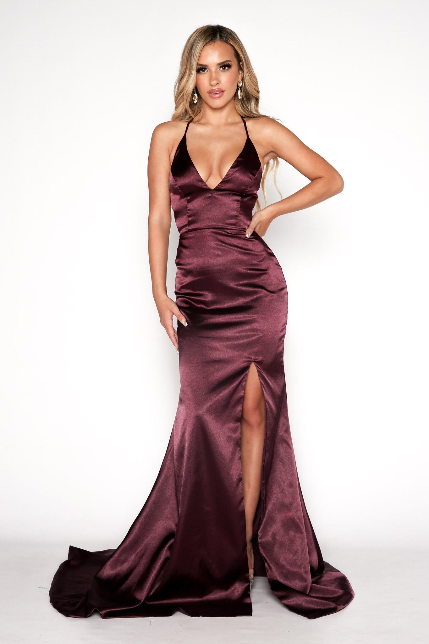 Vera satin lace hot sale up formal dress plum