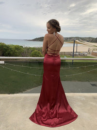 ELECTRA Lace Up Back Front Slit Satin Gown - Deep Red