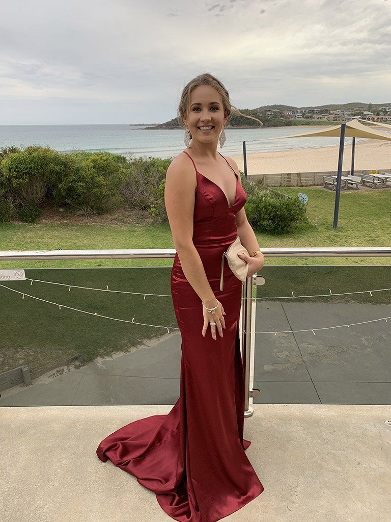 ELECTRA Lace Up Back Front Slit Satin Gown Deep Red NBLUXE
