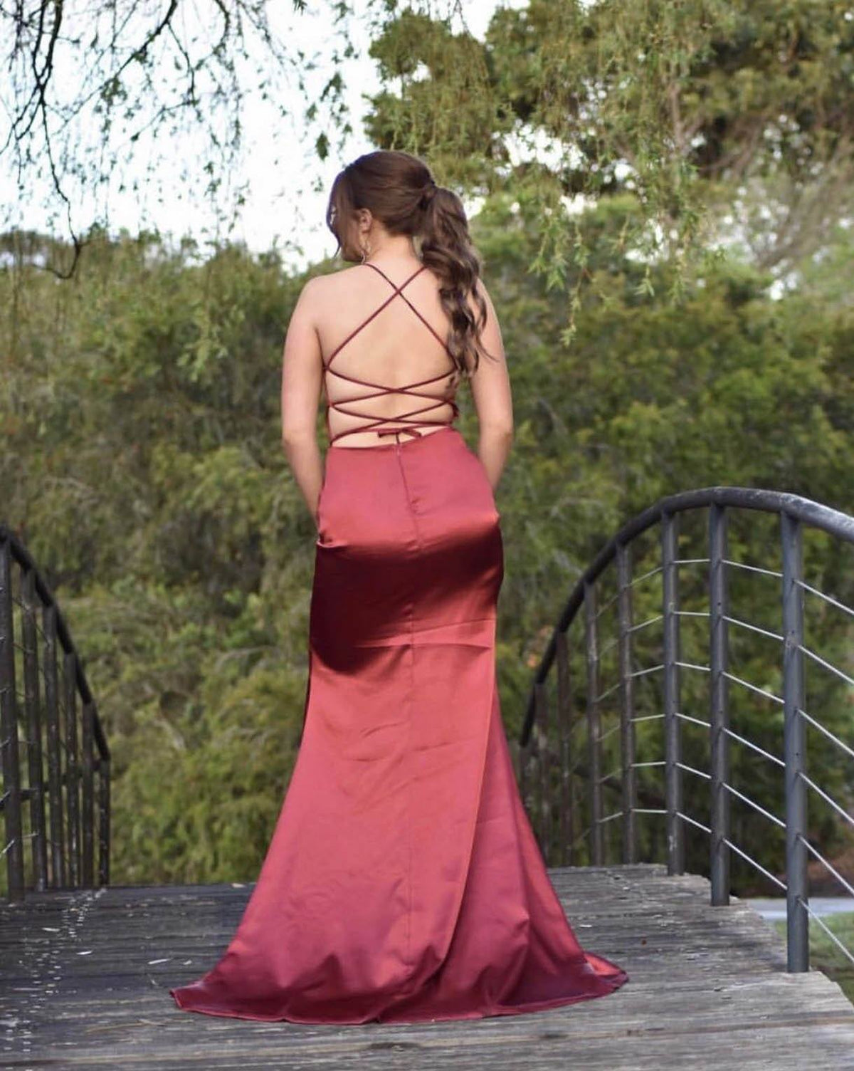 ELECTRA Lace Up Back Front Slit Satin Gown - Deep Red NB LUXE ELECTRA Lace Up Back Front Slit Satin Gown - Deep Red NB LUXE