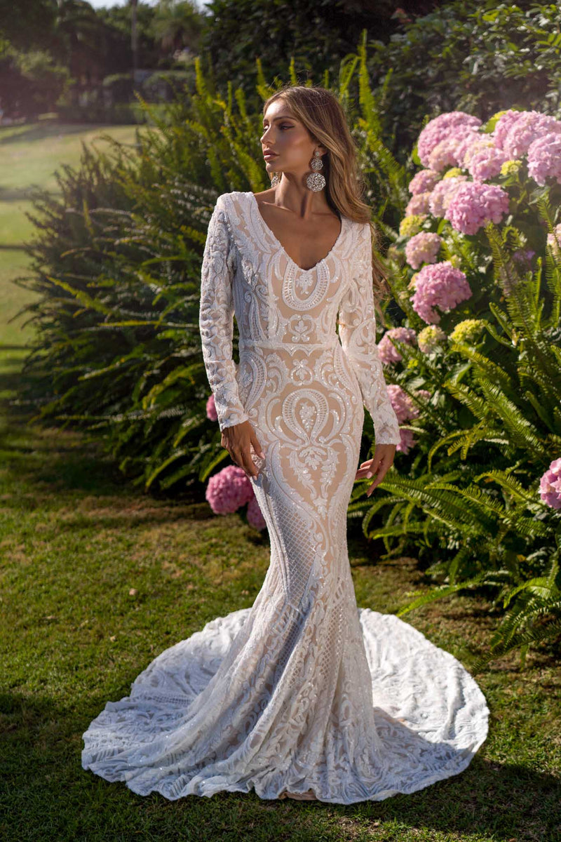 Elena Long-Sleeve Pattern Sequin Gown Elena Long-Sleeve Pattern Sequin Gown