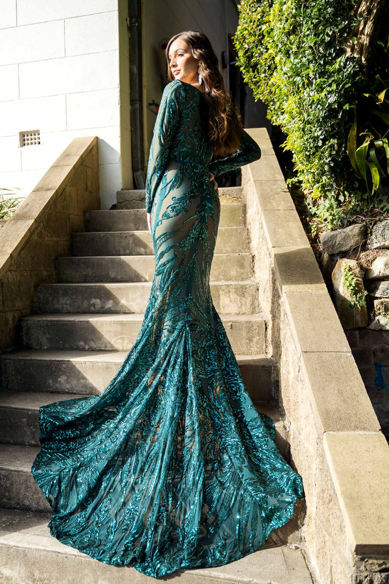 Elena Long-Sleeve Pattern Sequin Gown - Emerald/Nude