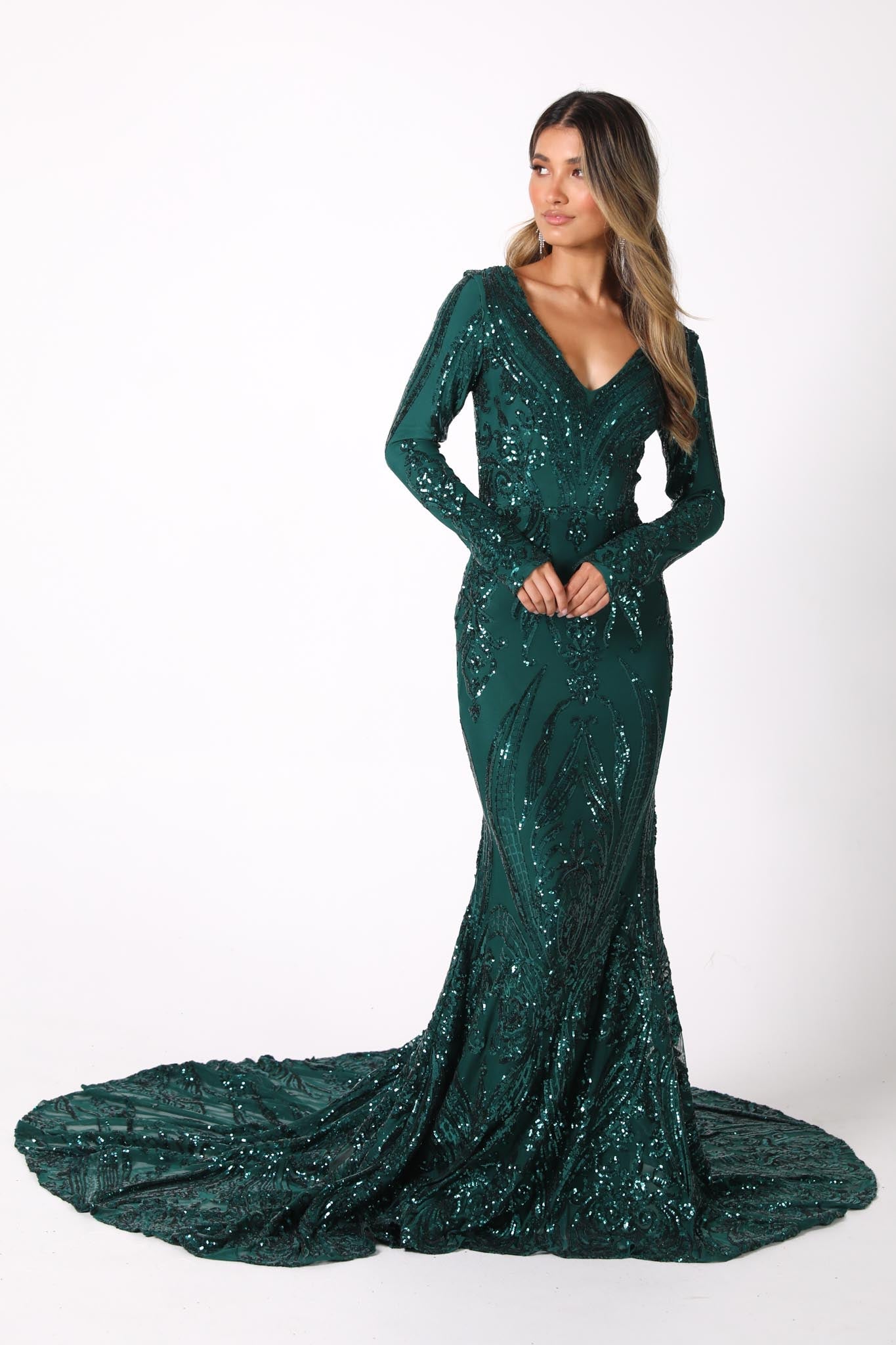 Elena Long-Sleeve Pattern Sequin Gown - Emerald 6XL Elena Long-Sleeve Pattern Sequin Gown - Emerald 6XL