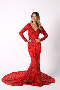 Red Embroidered Pattern Sequin Fitted Floor Length Mermaid Gown with Long Sleeves, Deep V Neck and Sweep Train