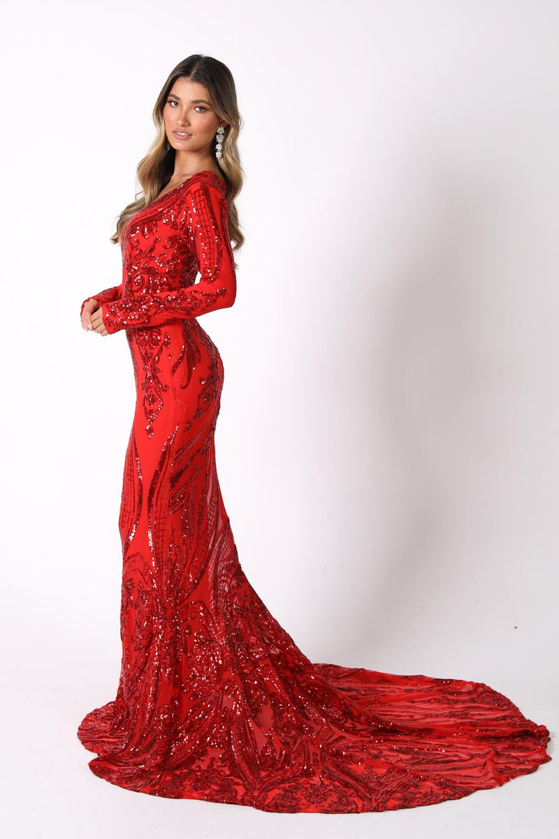 Fit and Flare Silhouette of Red Embroidered Pattern Sequin Fitted Floor Length Mermaid Gown with Long Sleeves, Deep V Neck and Sweep Train