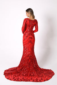 Closed Back Design of Red Embroidered Pattern Sequin Fitted Floor Length Mermaid Gown with Long Sleeves, Deep V Neck and Sweep Train