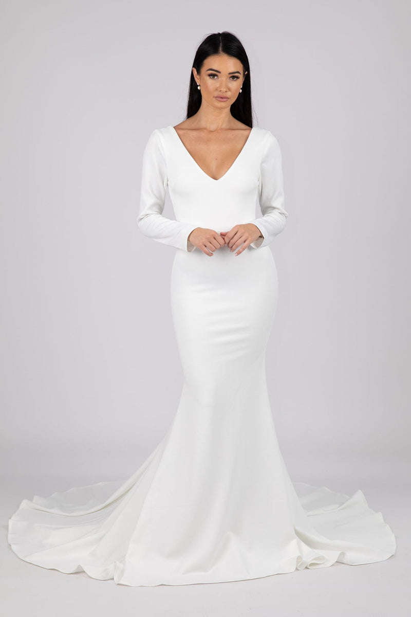 Ivory White Long Sleeve Fit and Flare Wedding Gown with V Neckline and V Open Back