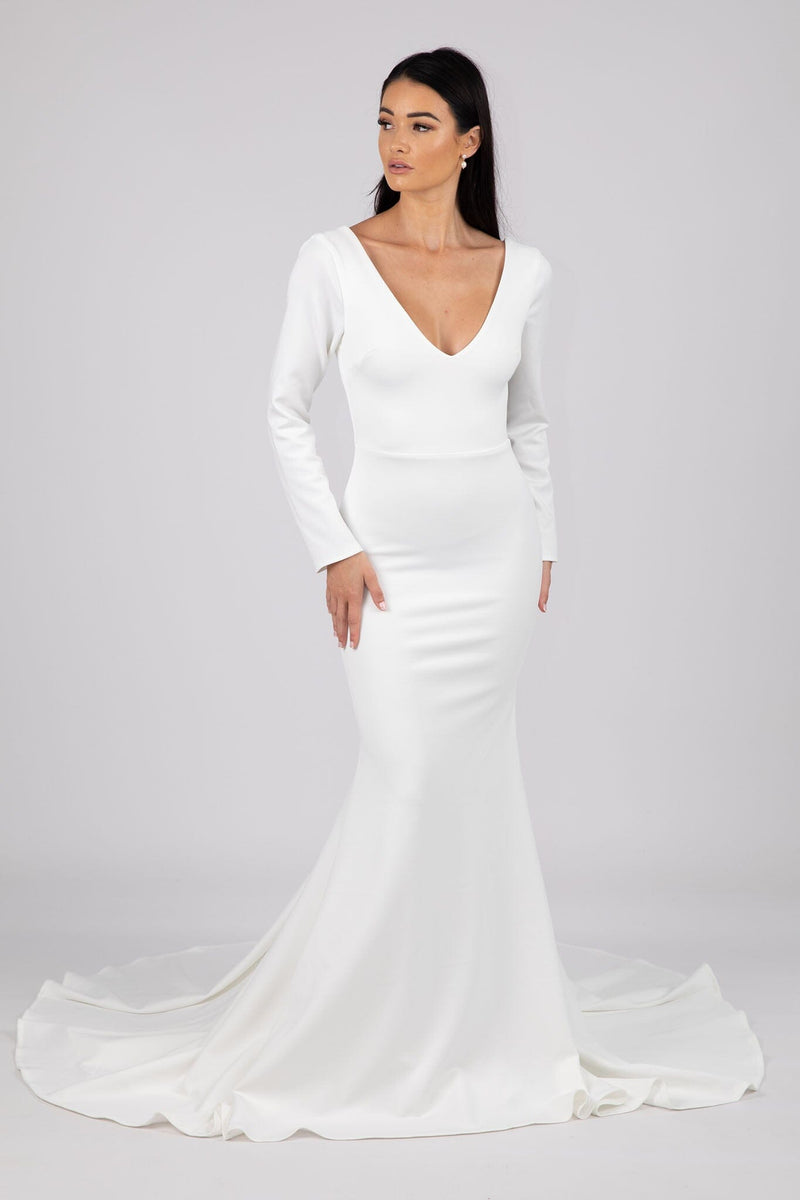 Elena Long-Sleeve Crepe Gown - Ivory NB LUXE Elena Long-Sleeve Crepe Gown - Ivory NB LUXE