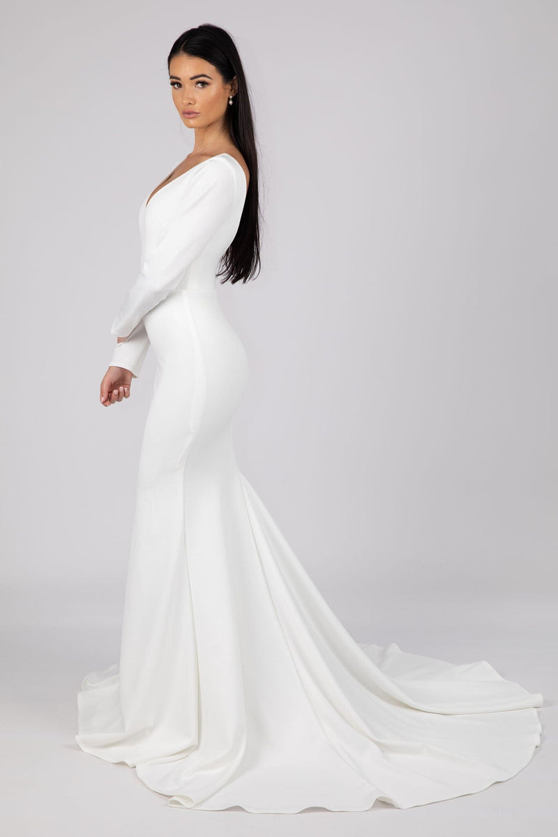 Side Image of Ivory White Long Sleeve Fit and Flare Wedding Gown with V Neckline and V Open Back
