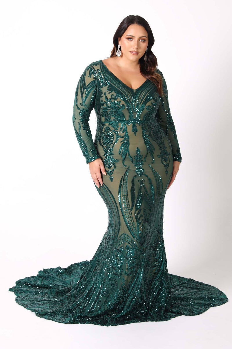 Plus Size V-Neck Long Sleeve Fitted Evening Sequin Gown in Embroidered Emerald Green Sequins over Neutral Underlay