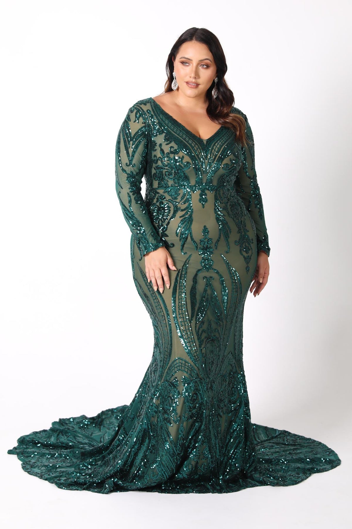 Plus Size V-Neck Long Sleeve Fitted Evening Sequin Gown in Embroidered Emerald Green Sequins over Neutral Underlay