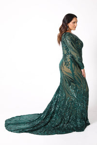 Elena Long-Sleeve Pattern Sequin Gown - Emerald/Nude NB LUXE Elena Long-Sleeve Pattern Sequin Gown - Emerald/Nude NB LUXE