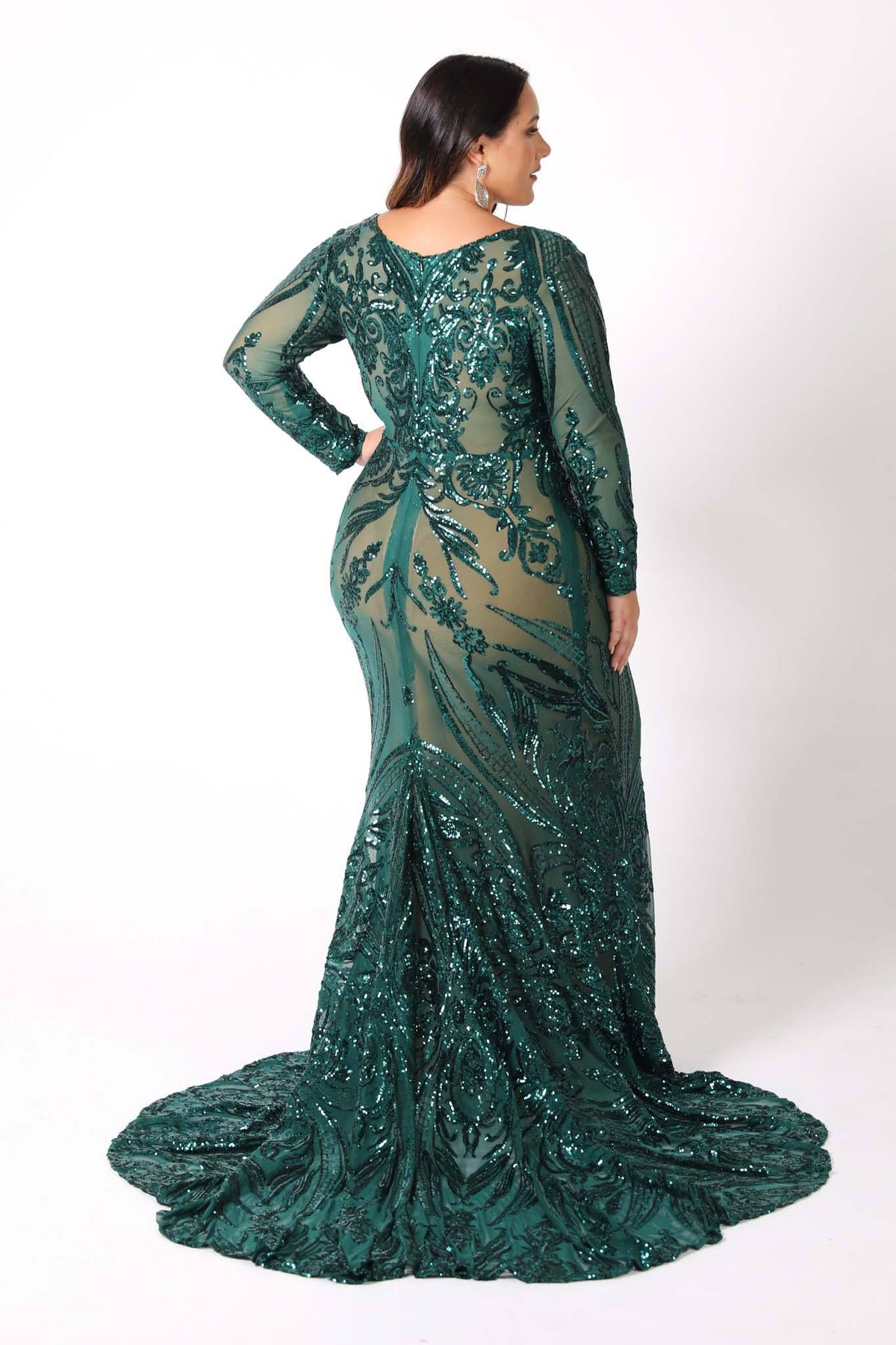 Elena Long-Sleeve Pattern Sequin Gown - Emerald/Nude