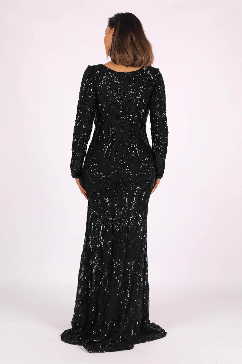 Back Image of Black Sequin Floor Length Evening Gown with Long Sleeves, V Neckline and Fit & Flare Silhouette