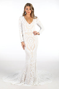 White Embroidered Pattern Sequin Fitted Floor Length Gown with Nude Lining, Long Sleeves, Deep V Neck, Long Mermaid Train