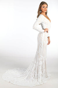 Elena Long-Sleeve Pattern Sequin Gown - White/Nude