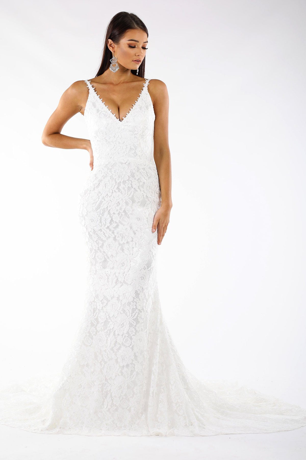 White sleeveless lace fitted maxi formal wedding dress V neck, lace trim shoulder straps, V backless, long train