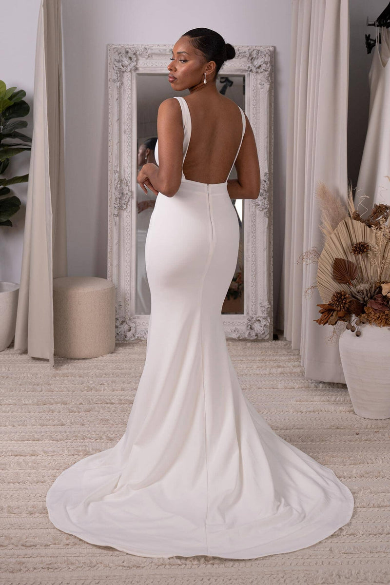 Back Image of Ivory White Fitted Crepe Wedding Gown with Square Neckline, Side Mesh and Square Open Back