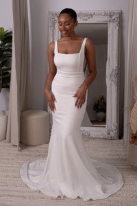 Ivory White Fitted Crepe Wedding Gown with Square Neckline, Side Mesh and Square Open Back