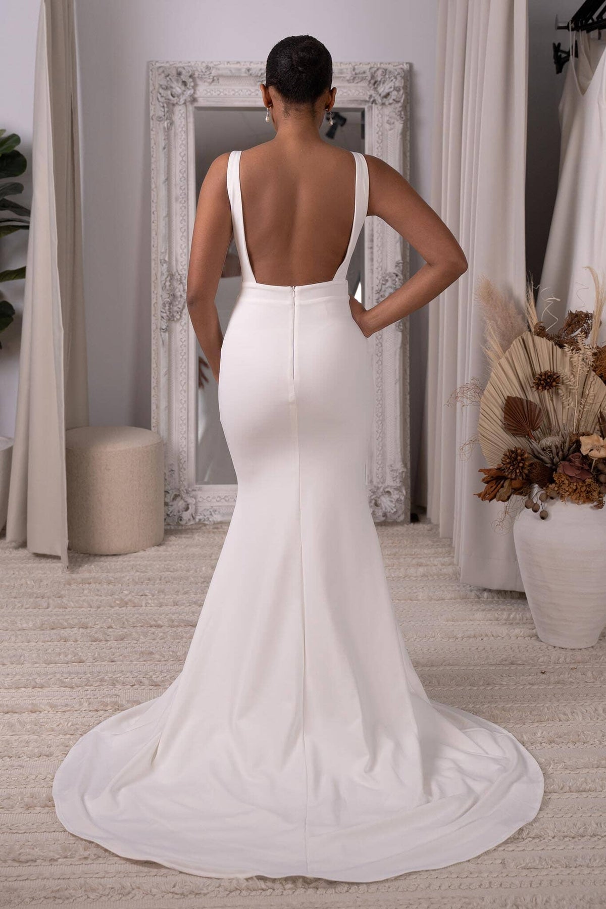Square Open Back Design of Ivory White Fitted Crepe Wedding Gown with Square Neckline, Side Mesh and Sweep Train