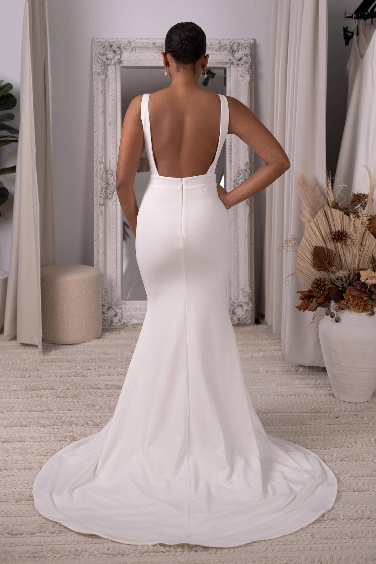 crepe design dress T262056 Dramatic Stretch Soft Crepe Fit and Flare Gown with One Shoulder Design and Sheer Beaded Embroidery Lace Inset Back and Skirt