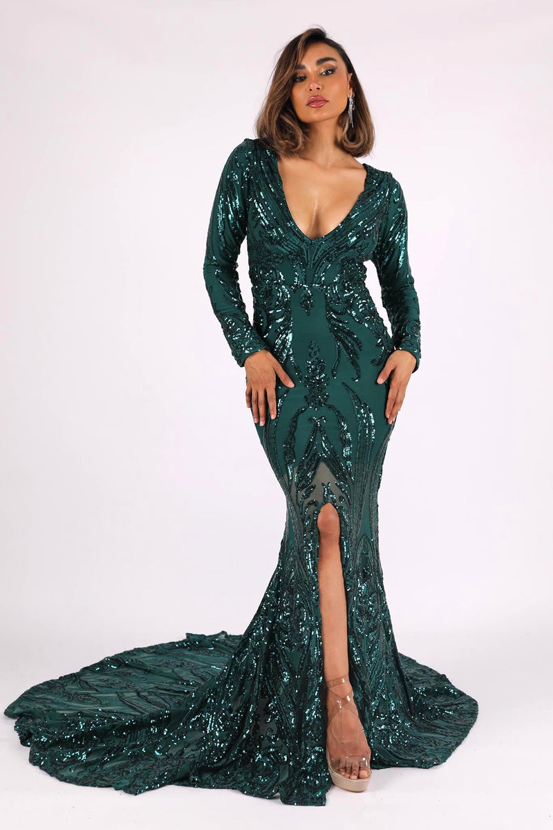 Emerald Green Pattern Sequin Long Sleeve Floor Length Evening Gown with V Plunging Neckline, Front Slit and Sweep Train