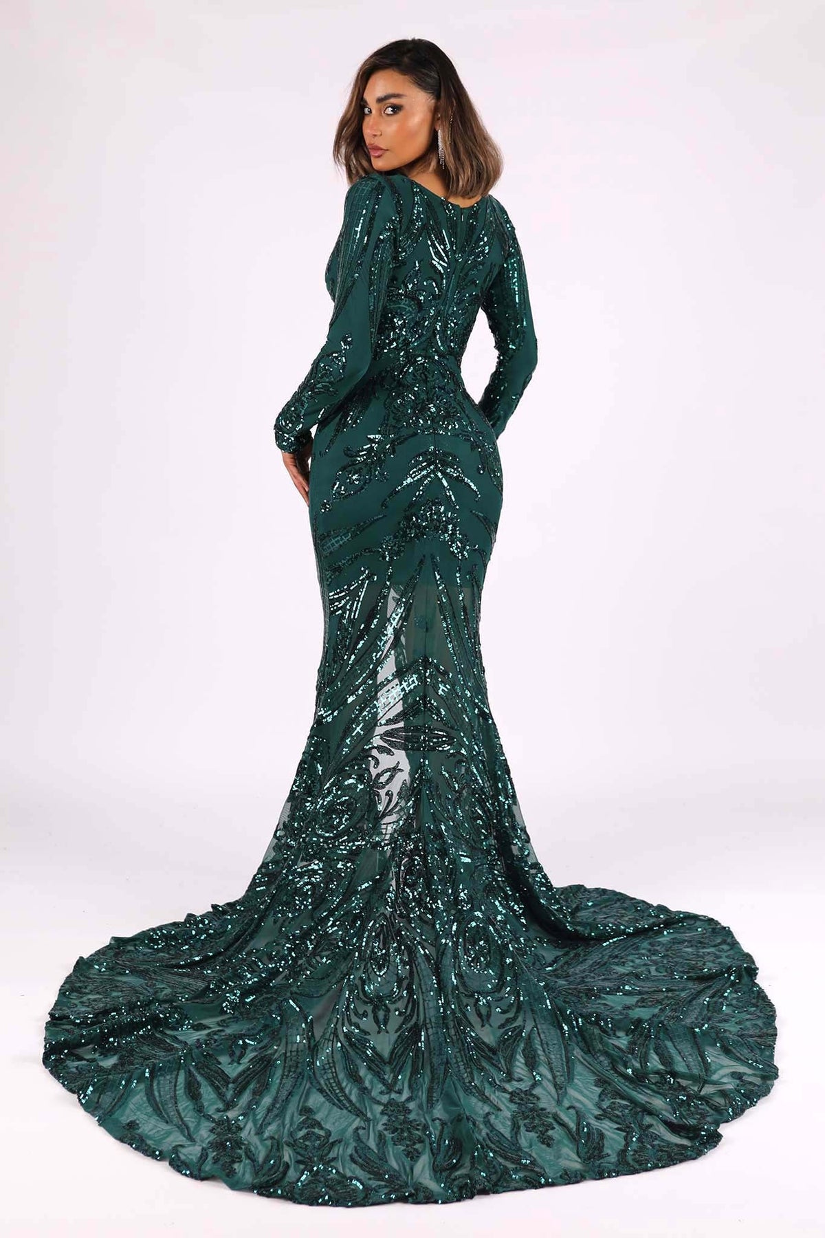 Georgina Long Sleeve Pattern Sequin Gown - Emerald 3XL Georgina Long Sleeve Pattern Sequin Gown - Emerald 3XL