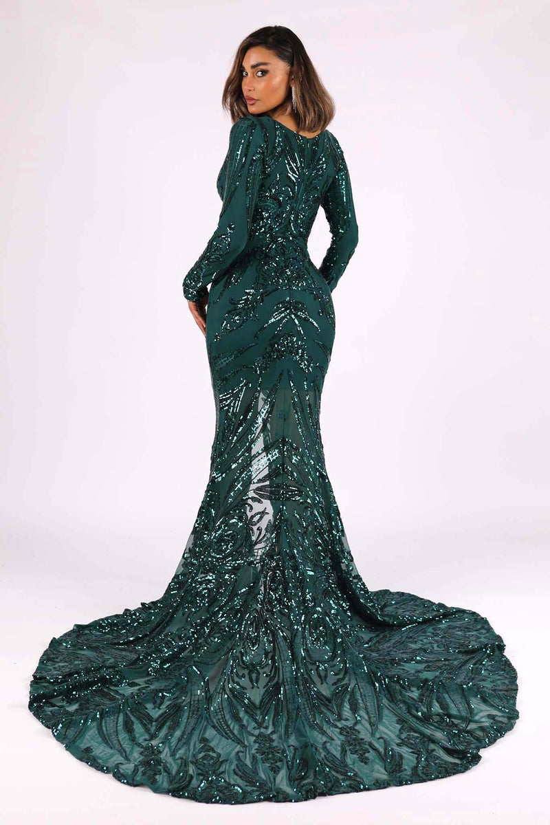 Closed Back and Sweep Train of Emerald Green Pattern Sequin Long Sleeve Floor Length Evening Gown with V Plunging Neckline, Front Slit and Sweep Train 