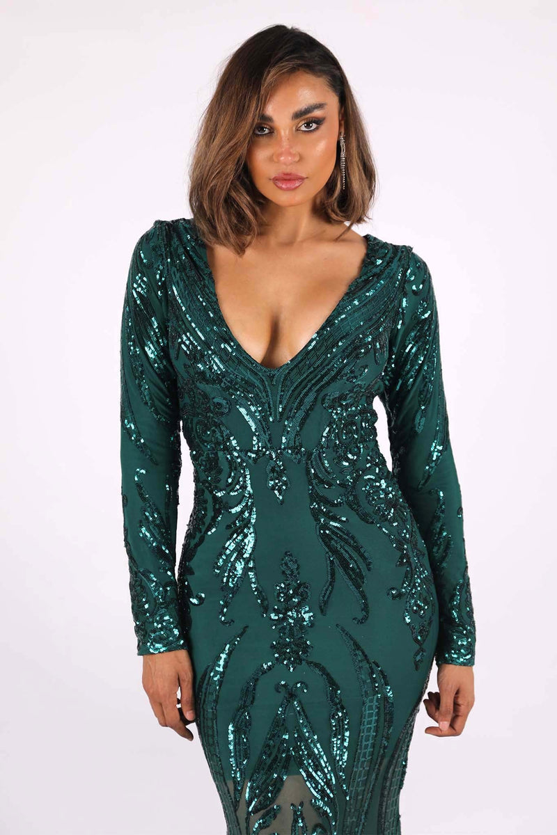 Close Up Image showing deep V neck and dark green pattern sequins of Emerald Green Pattern Sequin Long Sleeve Floor Length Evening Gown with V Plunging Neckline, Front Slit and Sweep Train
