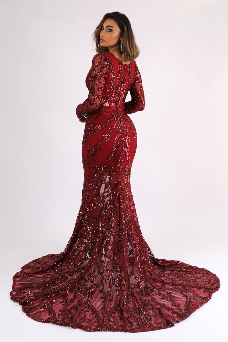 Georgina Long Sleeve Pattern Sequin Gown - Wine 4XL Georgina Long Sleeve Pattern Sequin Gown - Wine 4XL