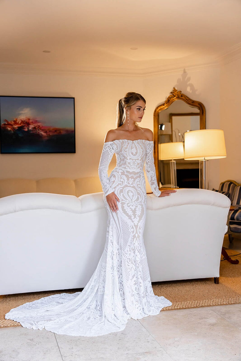 flower prom dresses Deep V-neck Sheer Sleeves Embroidered Blooming Flower Lace Prom Dress