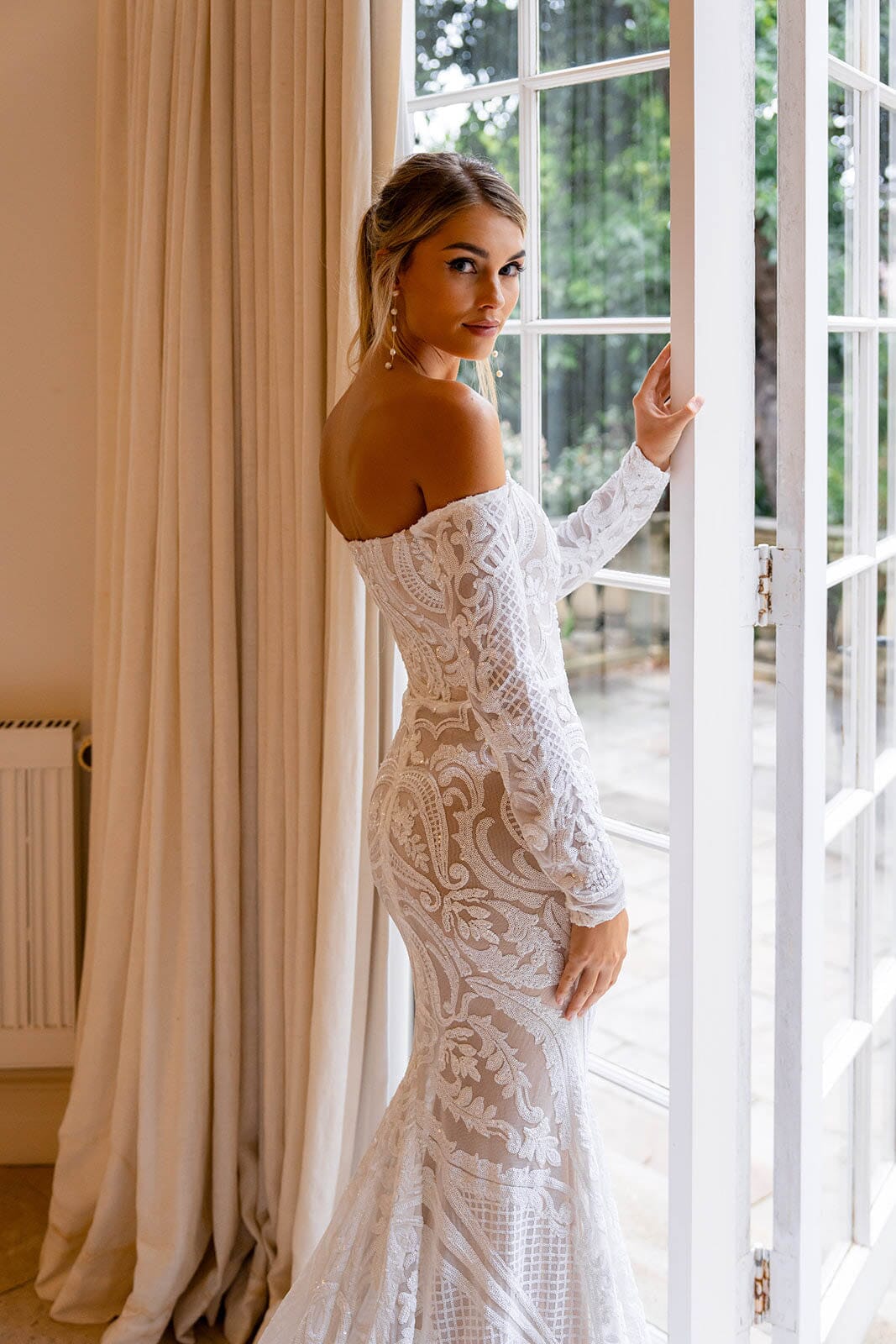 Gianna Off-Shoulder Long Sleeve Gown - White/Nude S Gianna Off-Shoulder Long Sleeve Gown - White/Nude S