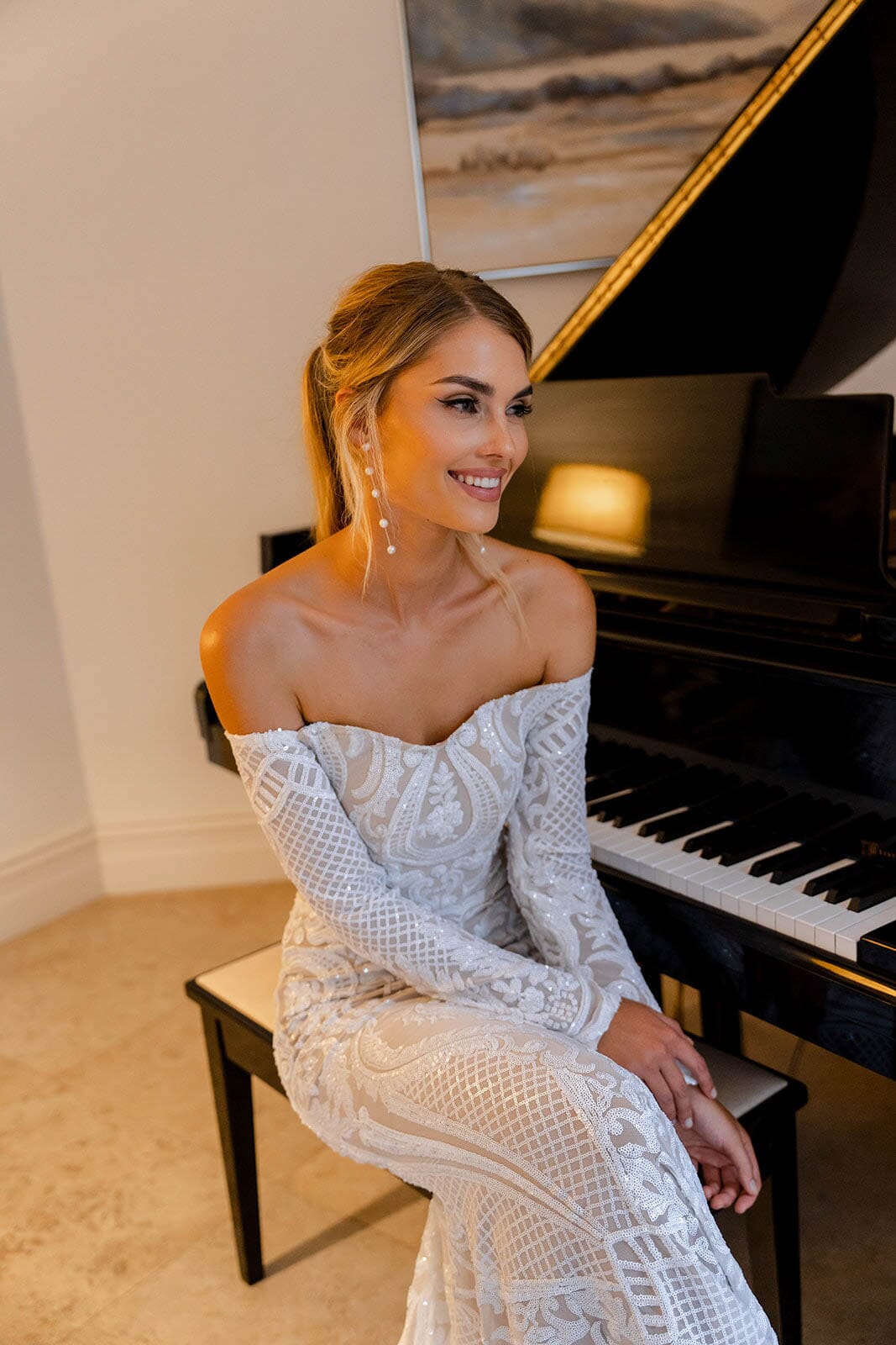Gianna Off-Shoulder Long Sleeve Gown - White/Nude S Gianna Off-Shoulder Long Sleeve Gown - White/Nude S