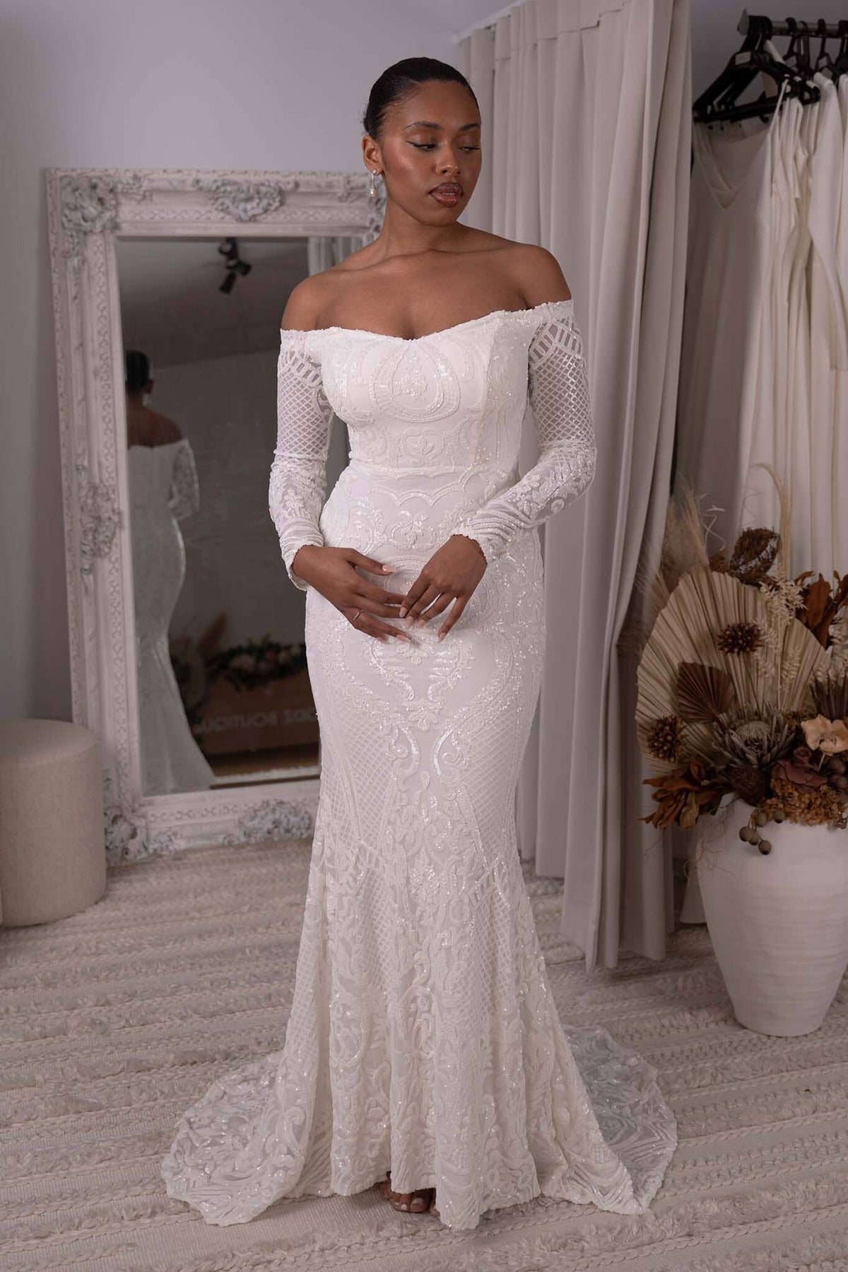 White Off-The-Shoulder Long Sleeve Fitted Sequin Gown