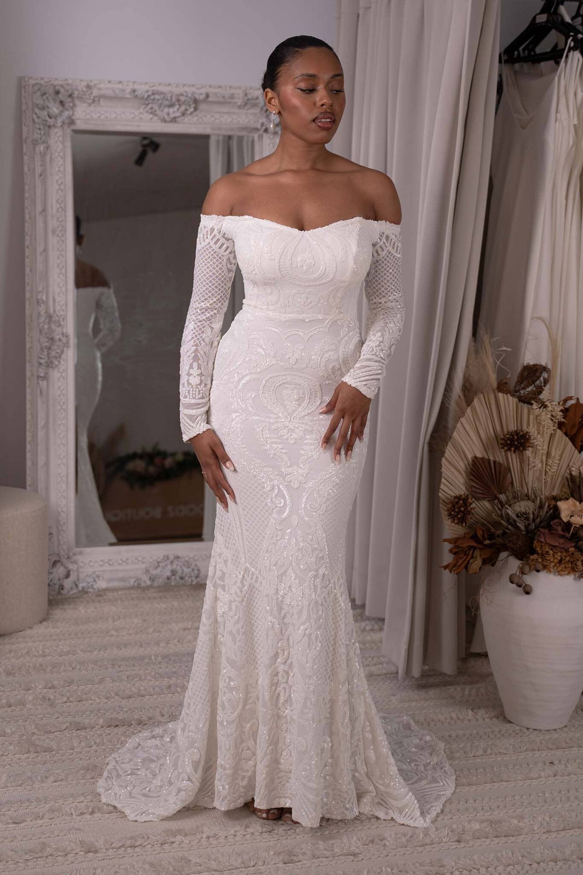 White Off-The-Shoulder Long Sleeve Fitted Sequin Gown