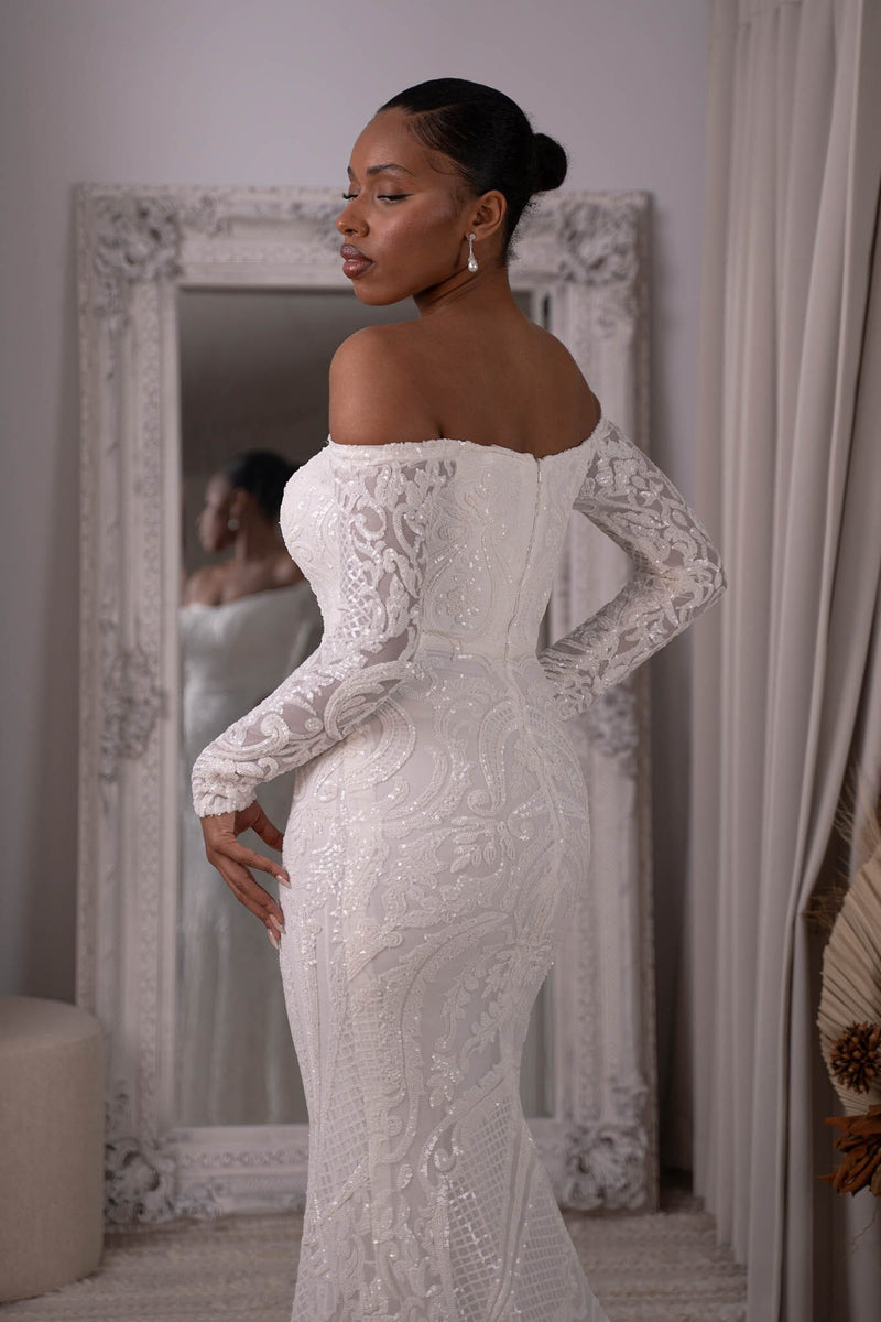 Sheer Long Sleeve Design of White Off-The-Shoulder Long Sleeve Fitted Sequin Gown