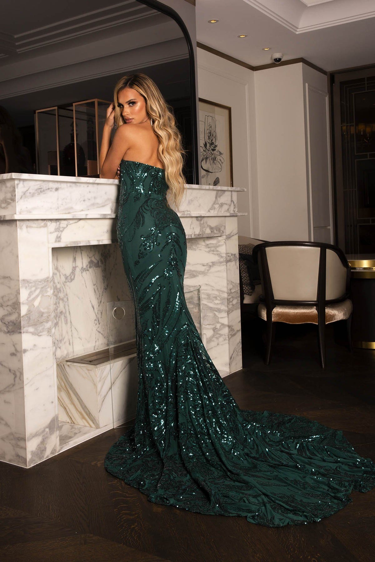Back Image showing Long Floor Sweeping Train of Emerald Green Embroidered Pattern Sequin with Deep Green Lining Floor Length Evening Dress with Strapless Sweetheart Neckline and Mermaid Skirt