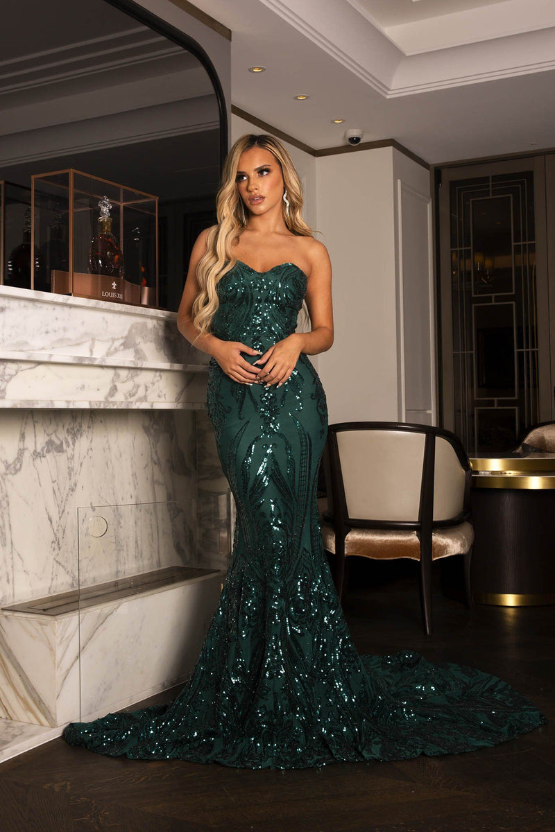 Emerald Green Embroidered Pattern Sequin with Deep Green Lining Floor Length Evening Dress with Strapless Sweetheart Neckline and Mermaid Skirt