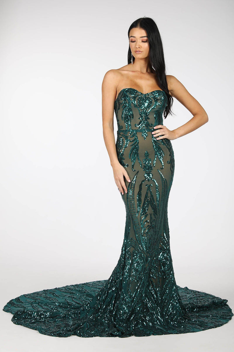 Emerald Green Embroidered Pattern Sequin with Nude Lining Floor Length Evening Dress with Strapless Sweetheart Neckline and Mermaid Skirt
