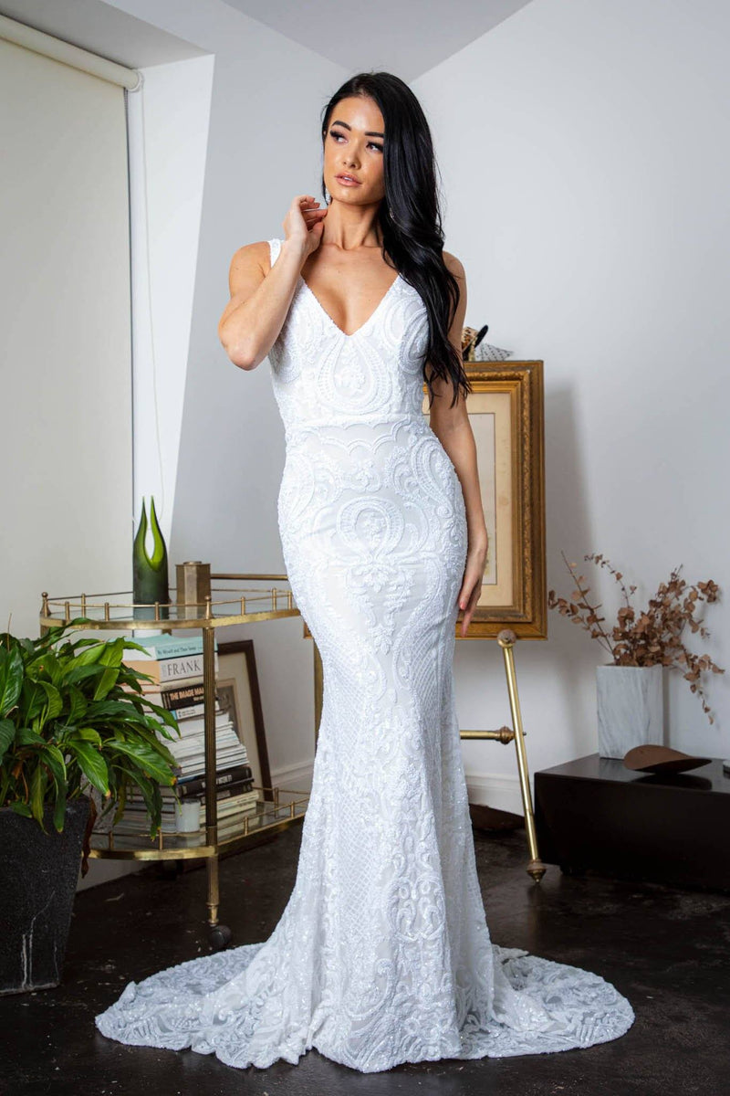 White Embroidered Pattern Sequin Floor Length Sleeveless Evening Dress with V-Neckline and Fit and Flare Mermaid Skirt