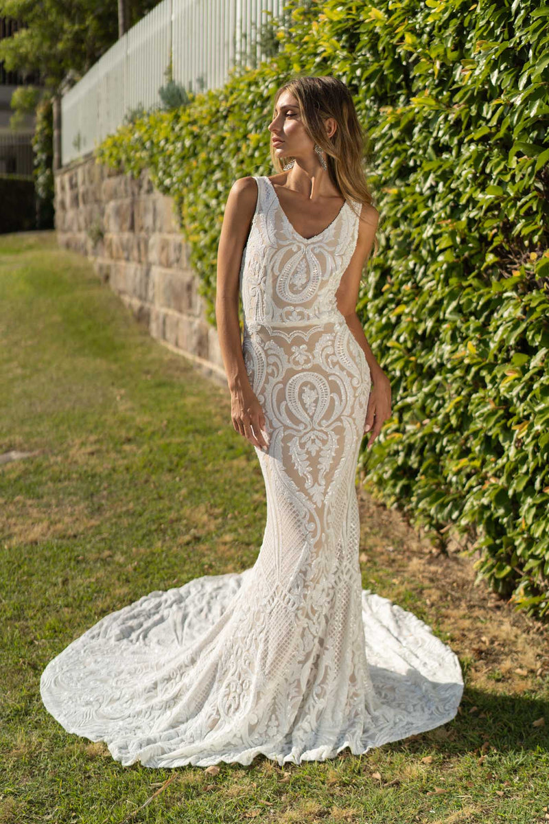 White Embroidered Pattern Sequin with Nude Lining Floor Length Sleeveless Evening Dress with V-Neckline and Mermaid Skirt