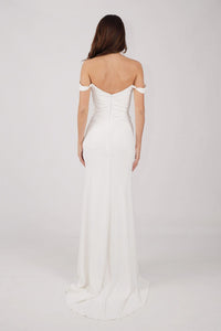 Back Image of Ivory White Floor Length Evening Gown with Sweetheart Neckline, Off-Shoulder Straps, Draped Detail and Thigh High Side Slit