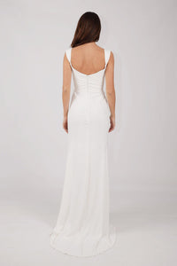 Ivory White Floor Length Evening Gown with Sweetheart Neckline, Shoulder Straps, Draped Detail and Thigh High Side Slit