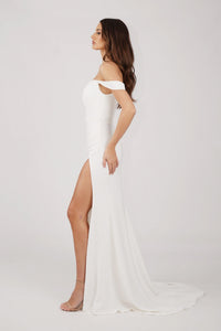 Side Image of Ivory White Floor Length Evening Gown with Sweetheart Neckline, Off-Shoulder Straps, Draped Detail and Thigh High Side Slit