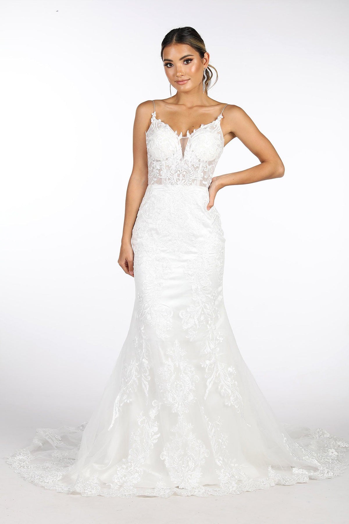 Ivory Coloured Full Length Lace Wedding Gown featuring Deep Illusion V-Neck, Thin Shoulder Straps, Lace Motifs on Tulle over Chantilly Lace from the Bodice Trailing Down on the Dramatic Scalloped Train