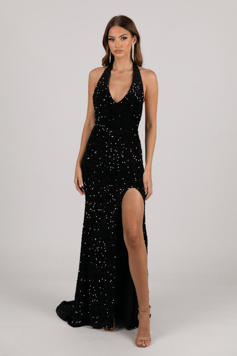 Black Velvet Sequin Fitted Evening Gown with Halter Neck Design and Side Slit