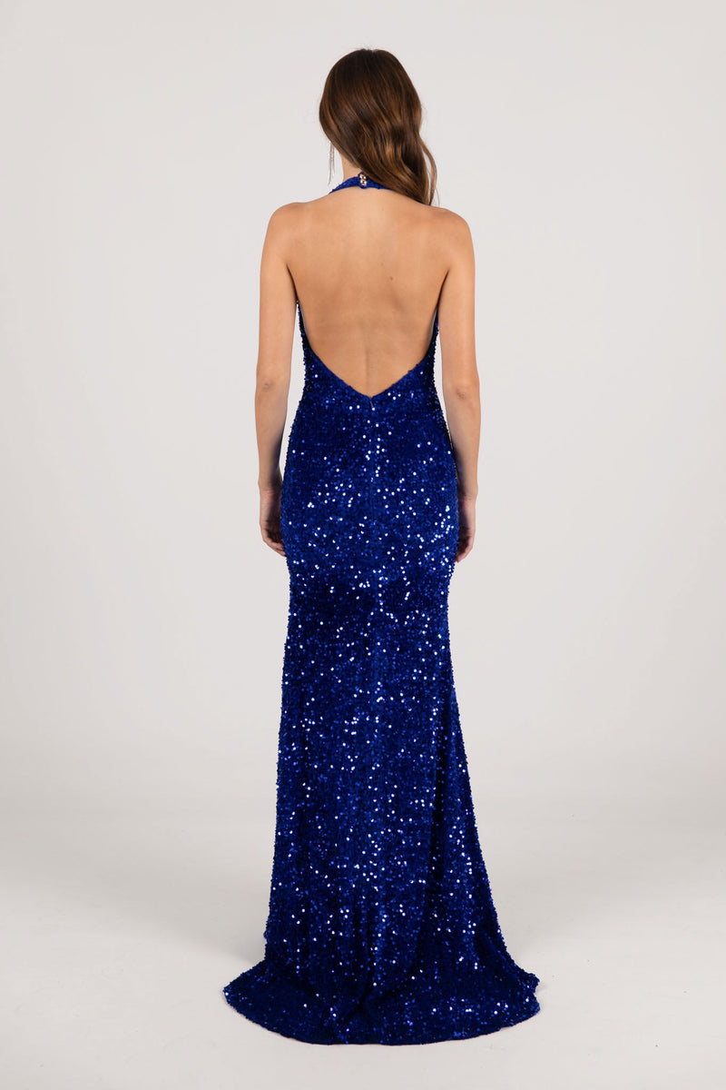V Shape Backless Design of Royal Blue Velvet Sequin Fitted Evening Gown with Halter Neck and Side Slit