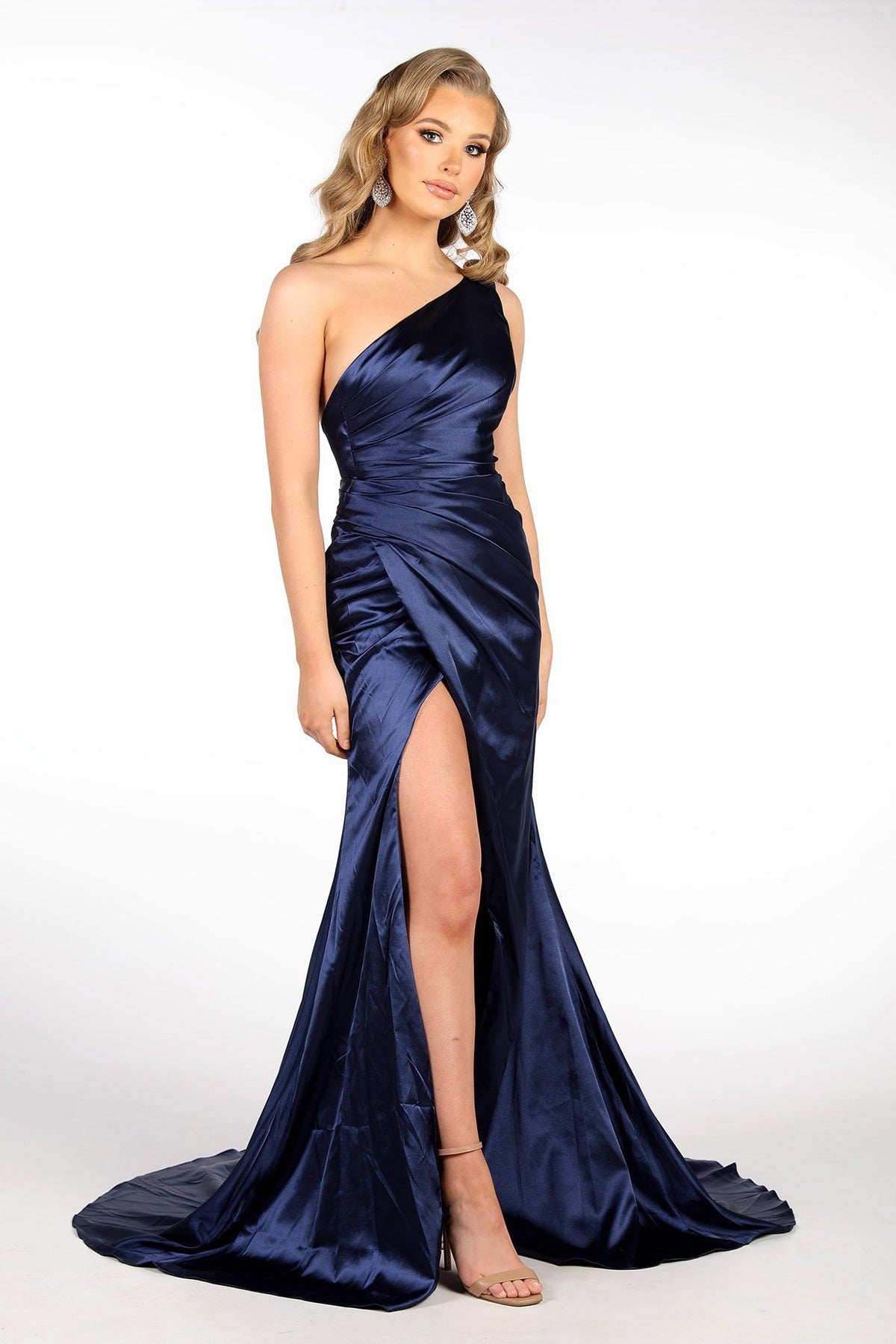 Deep Blue Satin Evening Gown featuring One Shoulder Design, Gathering Ruched Waist Detail, Thigh High Slit and Sweep Train