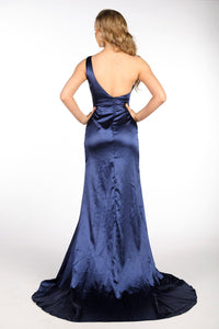 Open Back Design of Deep Blue Satin Evening Gown featuring One Shoulder Design, Gathering Ruched Waist Detail, Thigh High Slit and Sweep Train